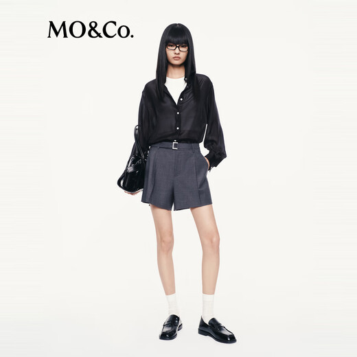 MO&Co.短裤2025秋新品弹丝绵羊毛附腰带高腰阔腿裤休闲裤MBE3SOT004 深花灰色 S /160