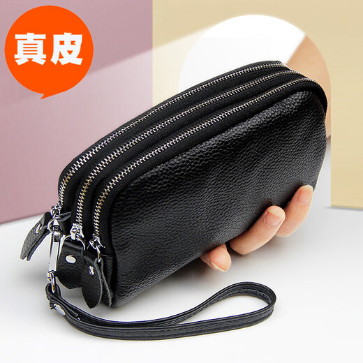 SHARELOVE Genuine Leather Small Hand Bag Women Can Hold Mobile Phone Mini Portable Coin Purse Three-Layer Zipper Wrist Bag First-Layer Cowhide Three-Layer Zipper - Black