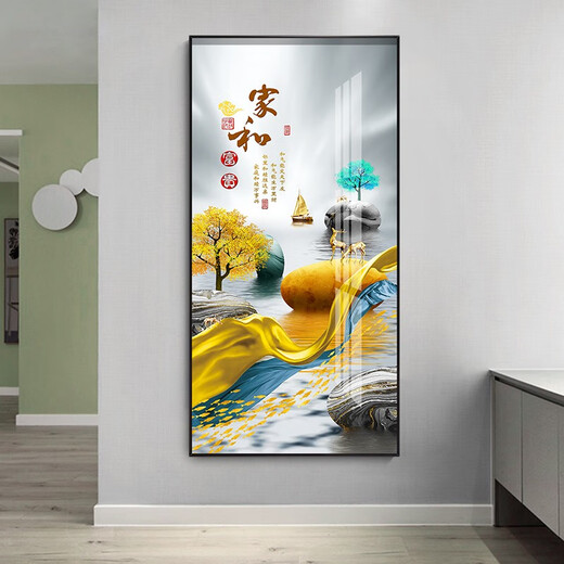Mulin Entrance Décoration peinture Nouveau chinois luxe luxe moderne moderne fond de fond peintures suspendues sans poinçonnage du couloir de diamant peinture 12243 Fulu Chengxiang Crystal Porcelaine 50 * 100 Black Frame Wall Width 81-90