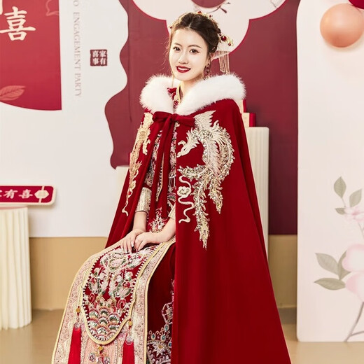 Libaixin 2025 New Chinese Style Bridal Xiuhe Cloak Wedding Shawl with Winter Thickened Hanfu Large Fur Collar Cape Burgundy B Style Thickened One Size
