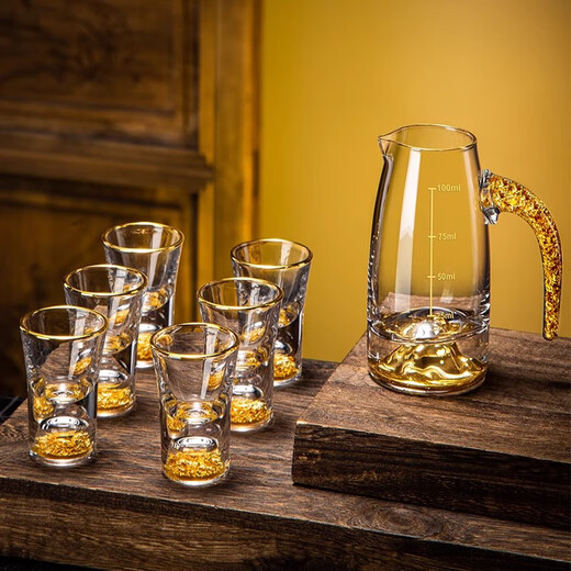Wellsberg high-end liquor glass dispenser set 6 pots 6 cups light luxury crystal glass home small wine glass hotel wine cup wine set gold foil Jinshan 100ml*6 + gold foil cup 10ml*6