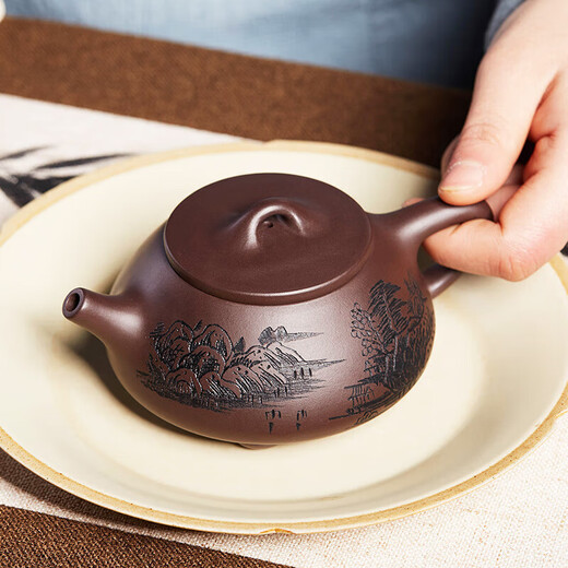 Zun Hu Yixing purple clay teapot stone ladle teapot handmade tea set teapot original mineral purple mud teapot carved landscape stone ladle 200cc