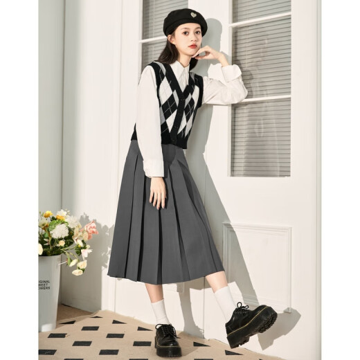 TonLion 2023 Pleated Skirt Suit Skirt Women's College Style High Waist Premium Gray L