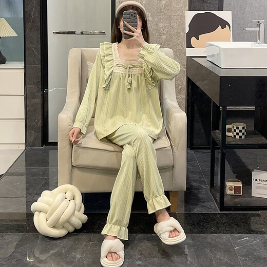 Pyjamas Xiangyaxin pour femmes 2024 Nouveau Jacquard Cotton Spring and Automne Sweet Princess Lace Lace Long Manches Automne et hiver peuvent être portés à l'extérieur des vêtements à domicile 9904 Gray-Blue XL Code 120-130Jin [Jin est égal à 0,5 kg]