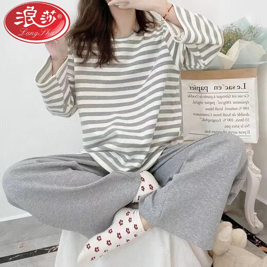 
LangSha (LangSha) Spring and Autumn Soft and Comfort Women's Pajamas Long Sleeve Trousers Cotton Can be worn on the outside round neck casual home clothing set XB9923 M Women