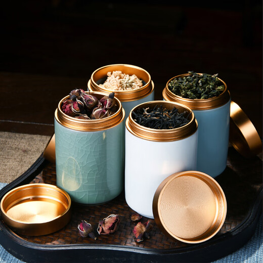 Porcelain brand tea set Ru kiln small tea can travel tea set portable mini tea sealed storage tea can ceramic portable tea box Ru kiln <alloy lid> small tea can