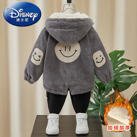 Disney (Disney) children's corduroy jacket boys' winter thickened velvet new style children's fashionable baby hooded winter clothing trendy brown smiling corduroy jacket 100cm