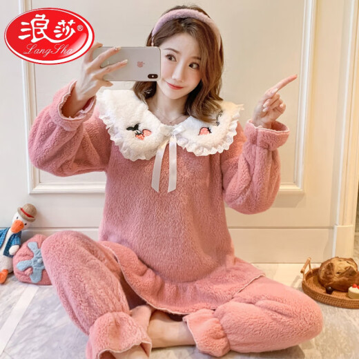 浪莎（LangSha）睡衣女士春秋季加绒加厚保暖珊瑚绒时尚大码宽松可外穿家居服套装 719花边绒蓝色 L 建议95-110斤