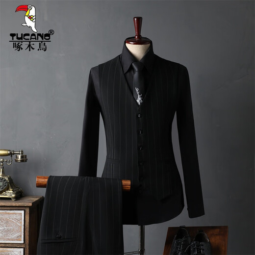 Woodpecker (TUCANO) Striped Suit Men's Full Groom's Suit British Style Groomsmen's Clothes Business Formal Wedding Suit Men's Black (suit + trousers) 50/L (112-125Jin Jin equals 0.5kg)