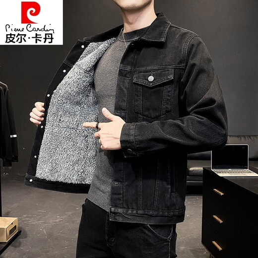 Pierre Cardin denim jacket men's winter velvet thickened Korean version trendy all-match work jacket men's clothing 8136 black XL