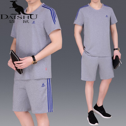 袋鼠（DaiShu）爸爸夏装T恤男士运动套装短袖短裤两件套中老年宽松大码父亲衣服 9922黑色 (短袖+短裤) L (适合100-120斤)