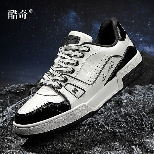 酷奇酷奇男鞋轻奢头层牛皮秋冬新款耐磨休闲复古时尚百搭男士板鞋 6622白黑 38