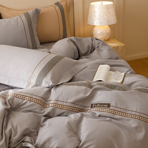 Mercury series home textiles Class A pure cotton thickened four-piece set 100 cotton brushed houndstooth embroidered quilt cover high-end bedding Hot style Class A pure cotton thickened/houndstooth-khaki gray 1.8 bed style four-piece set-quilt cover 200x230