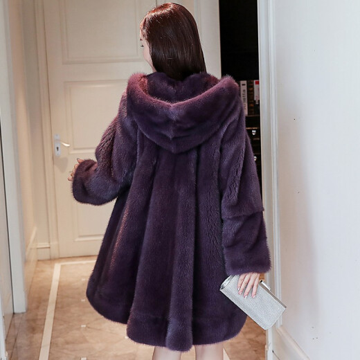 Yige Tiger Mink Fur Coat Women's Medium Long Whole Mink Fur Coat 2019 Winter New Fashion Hooded Fur Coat Bright Purple XL