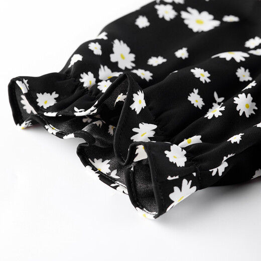 Shandubila Dress Summer New Women's Floral Chiffon Waist Slimming Daisy Series Skirt Black Bottom White Flower M