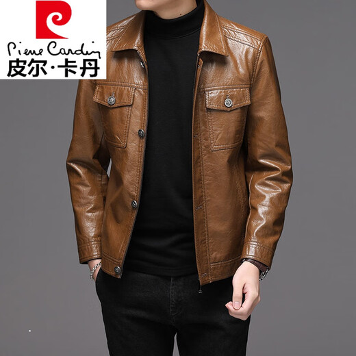 Pierre Cardin brand high-end Haining leather jacket for men, top-layer sheepskin, trendy Korean motorcycle leather jacket, youth slim jacket, 9908 model yellow, regular M-170 110-125Jin Jin is equal to about 0.5 kg