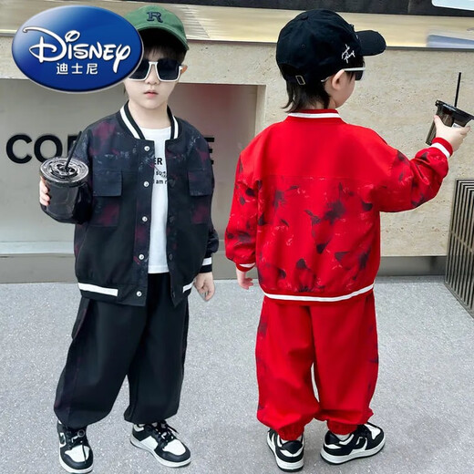 Disney (Disney) boys' autumn handsome baseball uniform suit new small and medium-sized children's street spring and autumn jacket sports two pieces black 150 yards
