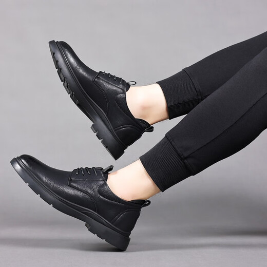 GENAI men's business casual leather shoes, genuine leather breathable work clothes, non-slip chef Martin shoes, Korean style trendy boys' small leather shoes, black genuine cowhide, size 42 (260MM)