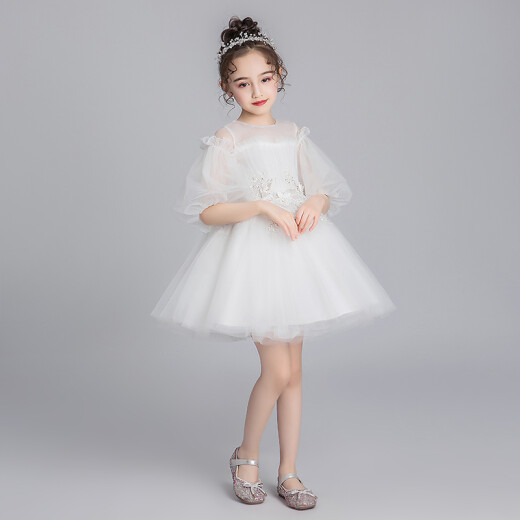 Xiaokayi Nong girls evening dress princess dress fluffy yarn little girl flower girl wedding dress children piano performance dress host autumn style white front short back length 110cm