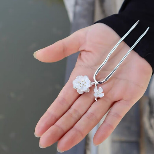 KZD Old Phoenix 999 sterling silver silver hairpin double flower U-shaped hairpin ancient style replica hairpin headdress for women white light peach blossom