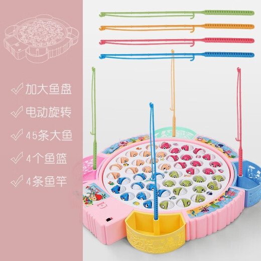 Fishing Toy Electric Rotating Magnetic Water Playing Fishing Set Parent-child Interactive Fishing Game Gift for Boys and Girls 2-3-6 Years Old Sakura Pink-45 Fishes + Electric Music Rotating [Color Box]