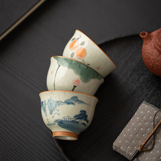 Xiyuanji Ge Kiln pure hand-painted tea cup, single household ceramic master cup, personal tea cup, tea cup, Ge Kiln hand-painted bowls and cups 4 packs - 4 styles, 1 each - simple packaging