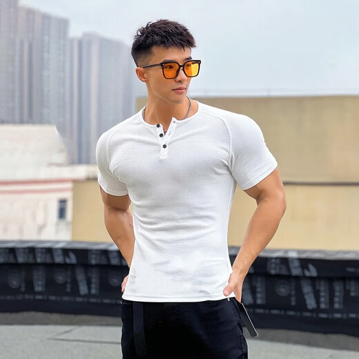 Dameitu (Dameitu) European and American style thick thread henley shirt men's heavyweight sports and leisure T-shirt fitness training slim short sleeve white L recommendation 110-130Jin Jin equals 0.5 kg