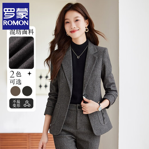 ROMON light coffee woolen suit jacket for women autumn and winter 2025 new high-end temperament small professional thick suit suit dark gray (suit + pants) M
