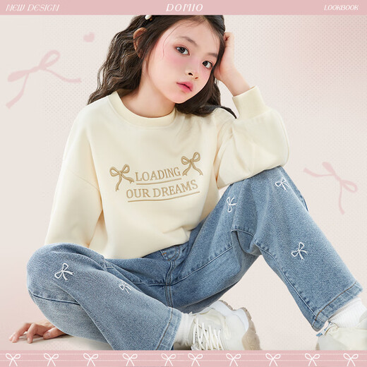 Domeowu Girls' Denim Flared Pants 25 New Autumn and Winter Children's Pants Medium and Big Children's Stretch Pants Bow Mid Blue 150