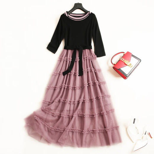 LVENZSE mesh dress for women spring and autumn 2020 popular new skirt fashion slim knitted cake skirt long skirt black + pink XXL