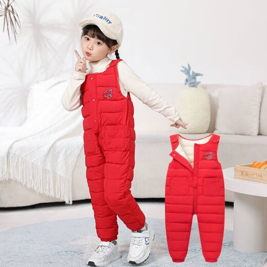 Warm winter duck children's down cotton overalls infants and toddlers thickened cotton pants for boys and girls to wear open one-piece plus down crotch gray 110 4-5 years old