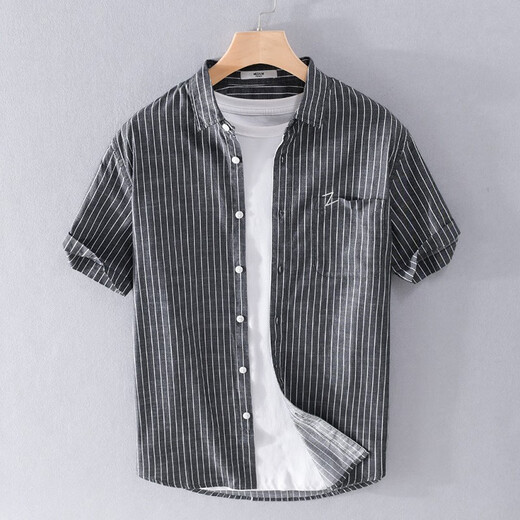 Songshiker summer casual short-sleeved striped shirt men's loose shirt new men's Japanese style literary shirt base shirt 9740 black L