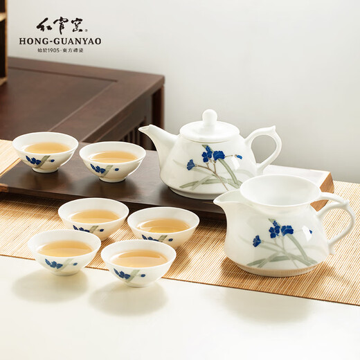 Hongguan kiln Chinese porcelain tea set set Liling ceramics high-end gift for men and elder leaders Langu Youxiang customized housewarming gift Langu Youxiang teapot tea set intangible cultural heritage underglaze color hand-painted 9 heads