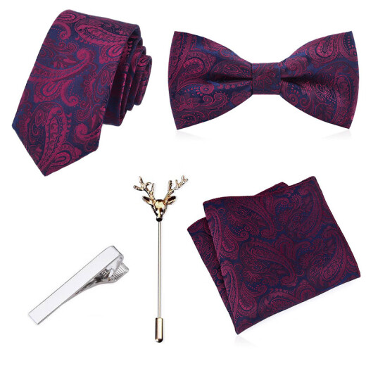 Gao Chuan [Gift Box] Men's Korean Style 6cm Narrow Tie Groom Wedding Square Scarf Brooch Tie Clip Set Maroon Pattern丨KH5C6075-1