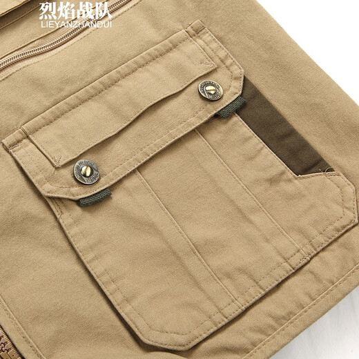 烈焰战队马甲 男士中年秋季多口袋钓鱼马夹背心 中老年休闲95棉带里衬坎肩 105款浅军色马甲 XL （建议体重120-125斤）