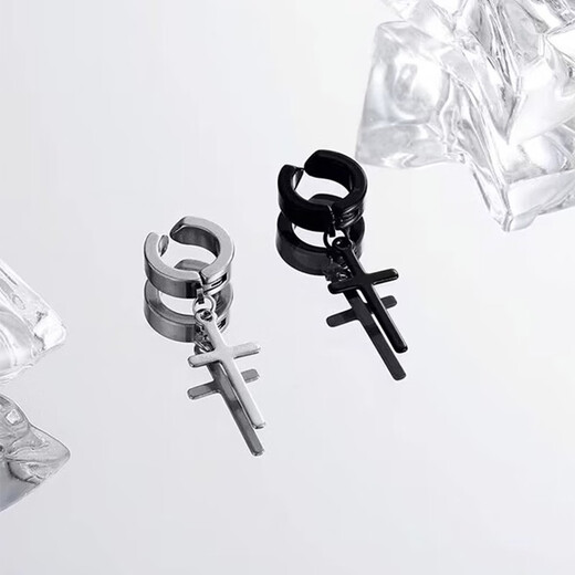 Core luxury cross ear clips for men, trendy American style, cool and handsome boys' earrings, no punching, no piercings, fake earrings, trendy men's ear jewelry, a pair of silver ear clips