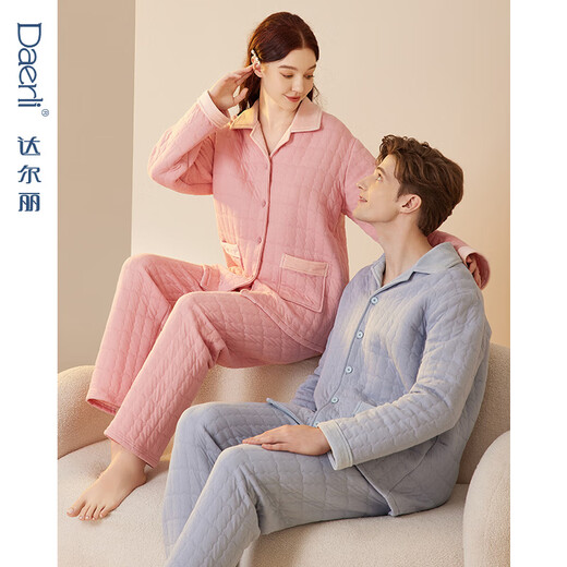 Darli three-layer air cotton quilted pajamas for couples autumn and winter pure cotton long-sleeved men and women warm thick sandwich home wear set T8235105-065-medium pink female XL