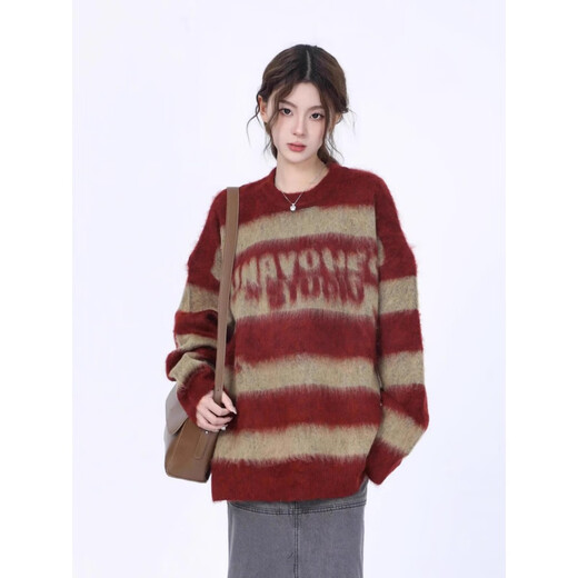 Ran Yilan American Vintage Striped Pullover für Frauen verdickte Nachahmung Nerz Velvet 2024 Neuer Herbst und Winter weicher und fauler gestrickter Kleidung schwarz # National Trend My9214 m