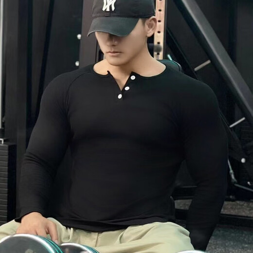 Dameitu (Dameitu) Henry shirt American long-sleeved threaded cotton retro American khaki men's raglan fitness show big Henry collar T-shirt sports black XL suitable for 60-70kg