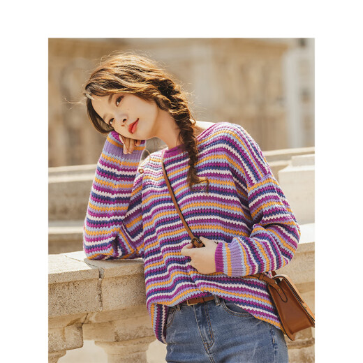 [Yinman] Autumn new style double-sided round neck, dropped shoulder sleeves, jacquard stripes, versatile fashionable literary pullover sweater for women, purple striped S