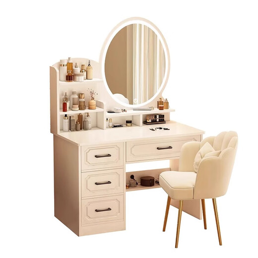 Benmu Zizai European style dressing table bedroom simple modern small dressing cabinet integrated 2025 new dressing table LED light mirror round mirror four draws + petal chair 80cm artificial board assembly