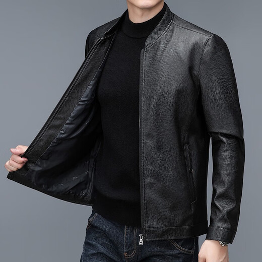 Old man's head (LRT) middle-aged and elderly autumn and winter leather jacket men's business casual slim windproof leather jacket motorcycle jacket velvet thickened jacket DN1081 black zipper stand collar 4XL