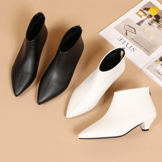 京宿尖头软皮短靴女2023秋冬季新款加绒法式高跟鞋低跟及裸靴女鞋大码 白色绒里 35