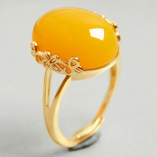 Fire clam beeswax ring chicken fat yellow old honey 925 silver plated 18K gold wine red blood amber amber ring natural chicken fat yellow + gold ring setting