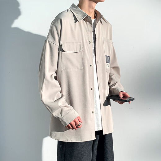 Foss Phil Hong Kong Style Longärmedose Hemdjacke Herren Frühlings- und Sommer Casual Lose Arbeit Top 7303 Hellgrauer XL