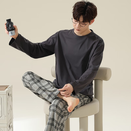 Langsha pure cotton pajamas men's cotton plaid youth can wear spring long-sleeved trousers loose men's home clothes suit