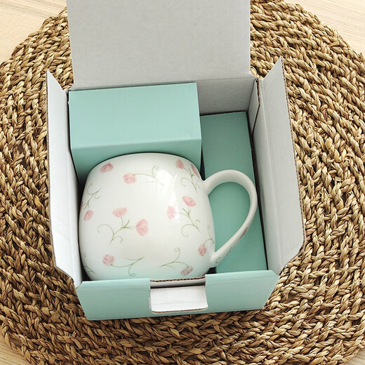 Houhai Cup Ceramic Cup Women's Mug with Lid and Spoon Household Drinking Cup Bone China Breakfast Cup Coffee Cup Girly Heart Fat Cup - Small Floral 400ML Microwaveable