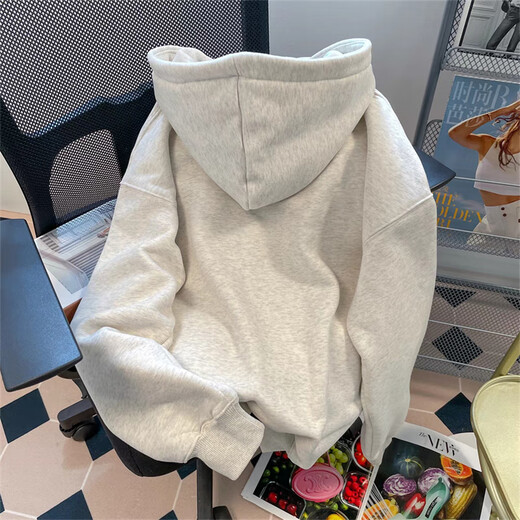 Katuchi American hiphop trendy brand letter hooded sweatshirt for men and women in autumn and winter loose trendy velvet thickened tops jacket white gray-velvet L