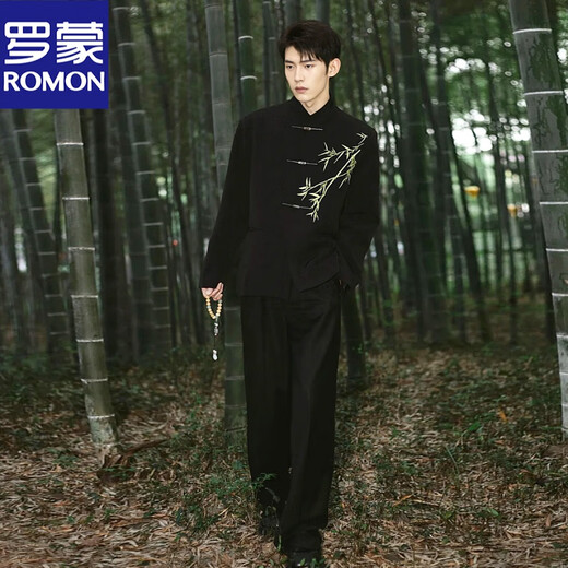 ROMON New Chinese tunic suit, engagement groom suit, men's wedding wedding high-end coat, national style embroidered suit suit, black jacket + pants XL