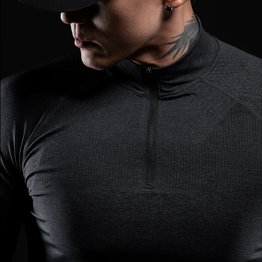 Monster Guardians sports long-sleeved t-shirt for men, one-piece woven 5A grade antibacterial slim fit high-elastic half-zip fitness suit Carbon Black Carbon Black L
